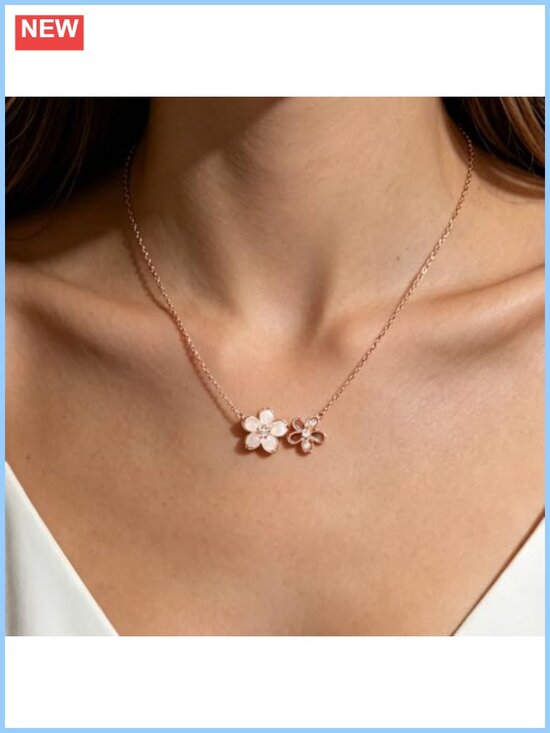 Jewelry - 925 Sterling Silver Two Flower Pendant Necklace Cubic Zirconia Minimalist